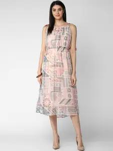 StyleStone Women Pink & White Printed Fit and Flare Dress with Tie Up
