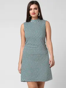 StyleStone Women Green & White Striped A-Line Dress