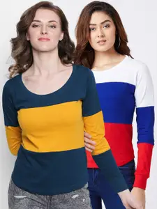 The Dry State Women Pack of 2 Multicoloured Colourblocked Round Neck T-shirts
