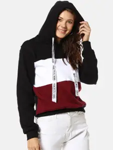 Campus Sutra Women Black & White Colourblocked Hooded Sweatshirt