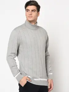 ARMISTO Men Grey Melange & White Striped Pullover Sweater