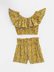KIDSCRAFT Girls Yellow & White Printed Top with Shorts