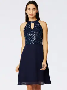 Miss Chase Women Navy Blue Embellished Fit and Flare Skater Dress