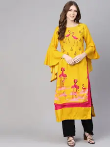 Pannkh Women Yellow & Pink Printed Straight Kurta