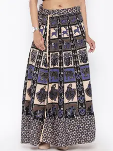 SOUNDARYA Women Beige & Blue Printed Wrap-Around Maxi Skirt
