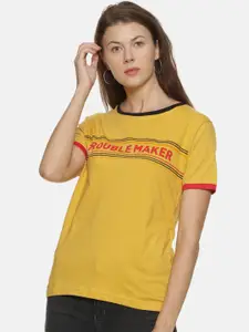 Campus Sutra Women Yellow  Red Printed Round Neck Pure Cotton T-shirt