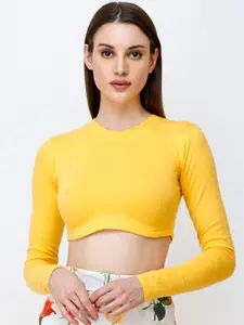 SCORPIUS Women Yellow Solid Cropped Top