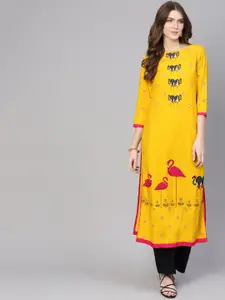 Pannkh Women Yellow & Pink Embroidered Straight Kurta