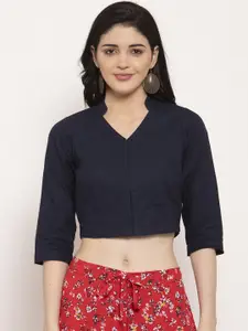 Ayaany Women Navy Blue Solid Crop Pure Cotton Top