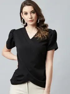 Athena Black Wrap Top With Puffed Sleeves