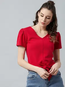 Athena Red Knotted Top With Puff Sleeves