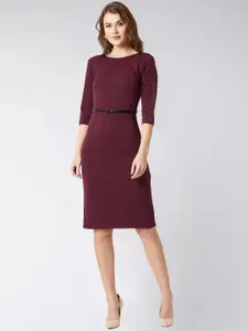 Miss Chase Women Maroon Solid Sheath Belted  Dress