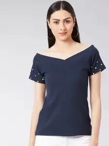 Miss Chase Women Navy Blue Embellished Bardot Pure Cotton Top