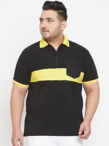 bigbanana Plus Size Men Black  Yellow Striped Polo Collar T-shirt