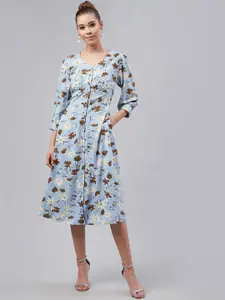 Marie Claire Women Blue & Brown Floral Printed Fit & Flare Dress