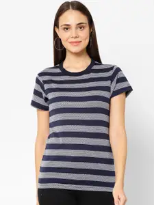 MACK JONNEY Women Navy Blue & White Striped Round Neck T-shirt