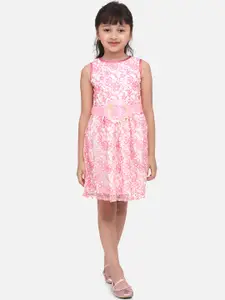 StyleStone Girls White Printed Fit and Flare Dress