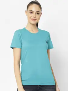 MACK JONNEY Women Blue Solid Round Neck T-shirt