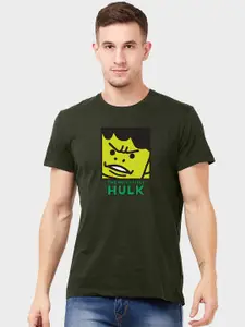 Free Authority Men Olive Green Hulk Printed Round Neck Pure Cotton T-shirt
