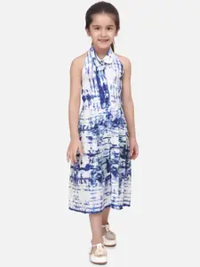 BownBee Girls White & Blue Tie & Dye A-Line Dress