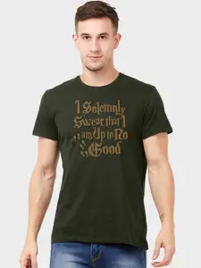 Free Authority Men Olive Green Harry Potter Printed Round Neck Pure Cotton T-shirt