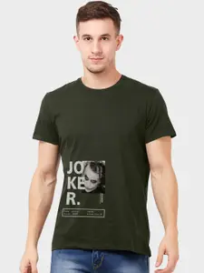 Free Authority Men Olive Green Joker Slim Fit Printed Round Neck Pure Cotton T-shirt