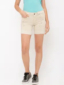 Globus Women Cream-Coloured Solid Regular Fit Denim Shorts