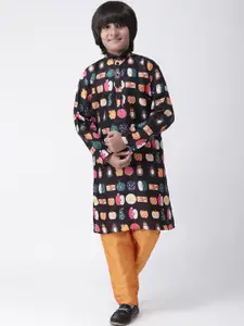 Hangup Boys Black & Yellow Printed Kurta with Pyjamas