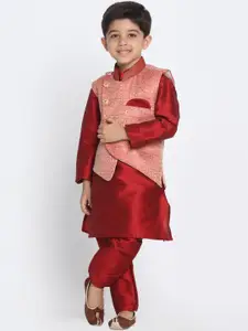 JBN Creation Boys Pink & Maroon Self Design Kurta Set With Nehru Jacket