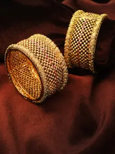 Adwitiya Collection Set of 2 24CT Gold-Plated & Pink Stone-Studded Handcrafted Bangles