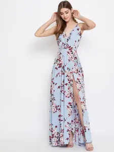 Berrylush Blue Floral Printed Maxi Dress