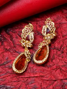ANIKAS CREATION Gold-Plated & Brown Paisley Shaped Drop Earrings