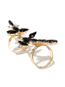 Bellofox Gold-Plated Black Glass Stone & Cubic Zirconia Studded Nooran Adjustable Finger Ring