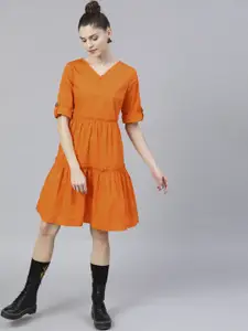 STREET 9 Women Orange Solid Fit and Flare Dress