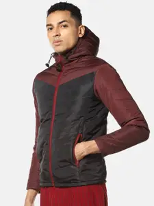 Campus Sutra Men Maroon & Black Colourblocked Windcheater Puffer Jacket