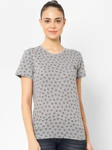 MACK JONNEY Women Grey Melange & Navy Blue Printed Round Neck T-shirt