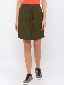 Globus Women Olive Green Solid Straight Mini Skirt