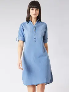 Miss Chase Women Blue Denim Solid Shirt Dress