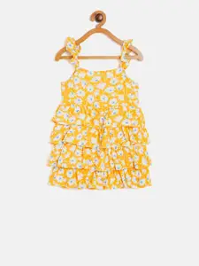 KIDKLO Girls Yellow Floral Printed A-Line Dress