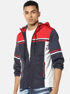 Campus Sutra Men Navy Blue Colourblocked Windcheater Hooded Sporty Jacket