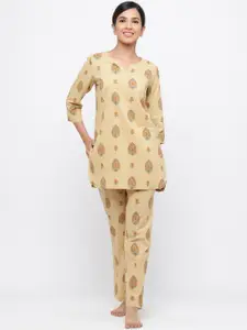 Jaipur Kurti Women Beige & Green Printed Night suit