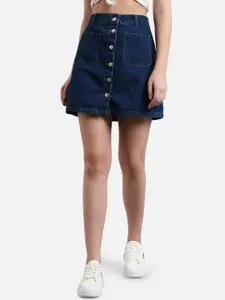 Kotty Women Navy Blue Solid Denim A-Line Mini Skirt