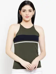 LE BOURGEOIS Women Olive Green & Navy Blue Striped Tank Top