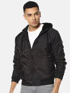 Campus Sutra Men Black Solid Windcheater Hooded Bomber