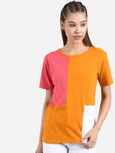 Kotty Women Orange & Pink Colourblocked Round Neck T-shirt