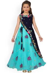 Aarika Girls Sea Green & Navy Blue Embroidered Layered Maxi Dress