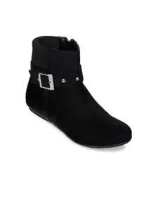Bruno Manetti Women Black Solid Suede Mid-Top Flat Boots