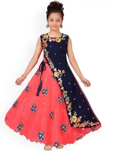 Aarika Girls Navy Blue & Coral Red Embroidered Fit and Flare Dress