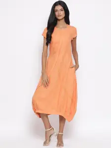 ROOTED Women Orange Solid Linen Balloon Dress