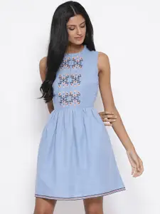 ROOTED Women Blue Embroidered Fit and Flare Dress
